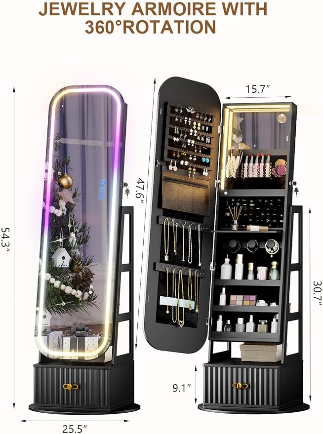 Jewelry Cabinet with RGB Mirror and Foldable Makeup Shelf - Black | SKKTKT Standing Jewelry Armoire - Rotating Storage, RGB Mirror and Foldable Makeup Shelf