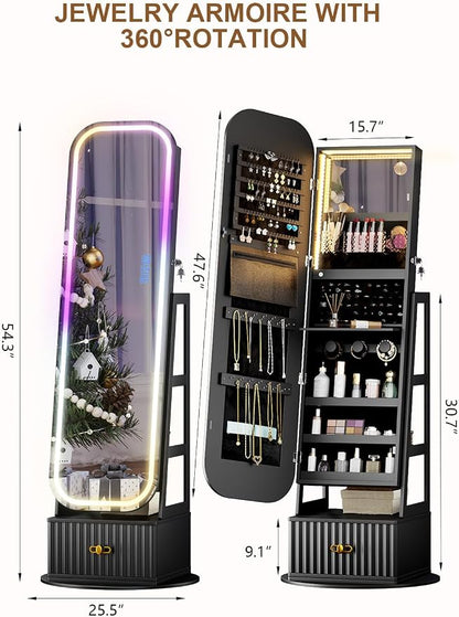 Jewelry Cabinet with RGB Mirror and Foldable Makeup Shelf - Black | SKKTKT Standing Jewelry Armoire - Rotating Storage, RGB Mirror and Foldable Makeup Shelf