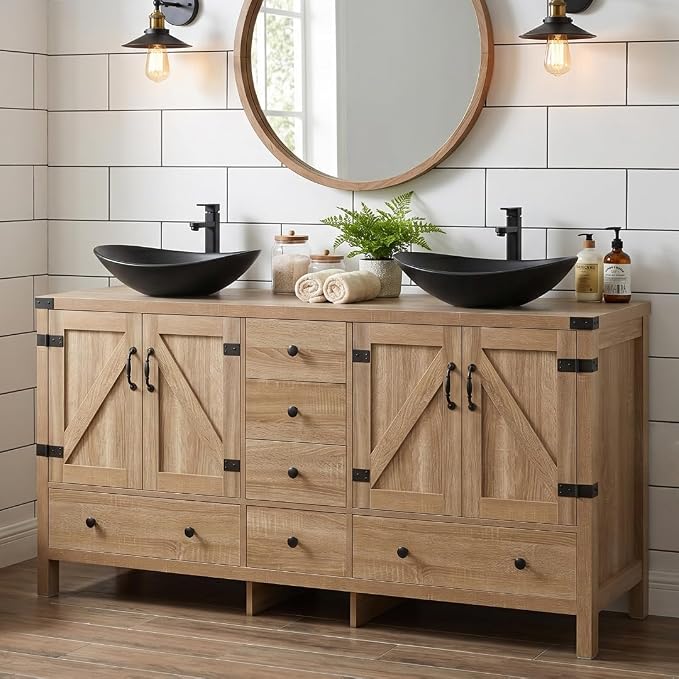 60 inch Natural Color Bathroom Vanity, Rustic Fixture Standing Pedestal Cabinet with Two Black Ceramic Boat Sinks