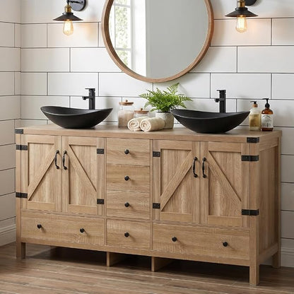 60 inch Natural Color Bathroom Vanity, Rustic Fixture Standing Pedestal Cabinet with Two Black Ceramic Boat Sinks