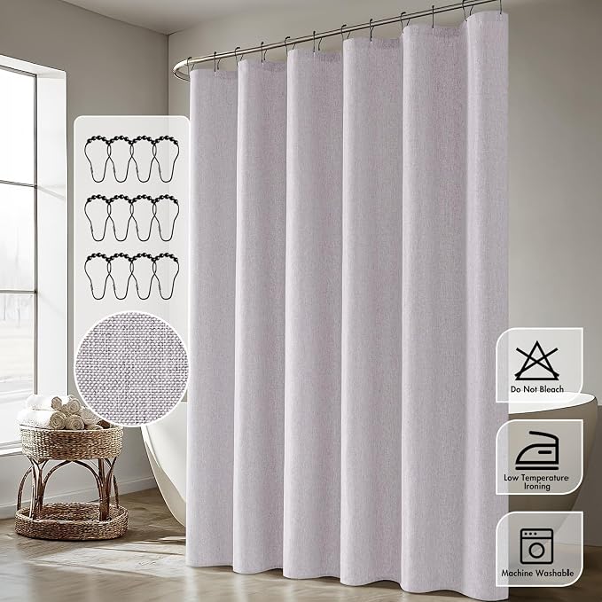 ANRODUO Lavender Linen Textured Fabric Shower Curtain Set - W72xL72 | Farmhouse Shower Curtain with 12 Metal Hooks, Waterproof Heavy Duty, Button Hole Design, Machine Washable for Bathroom