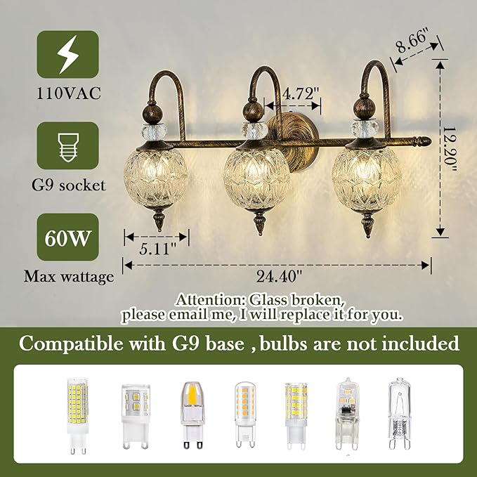 Vintage Bathroom Light Fixtures Bronze Vanity Light with Glass Globe LampShade 3 Lights Mid Century G9 Bulb Wall Sconce Indoor Vanity Light Over Mirror for Bedroom Farmhouse Hallway