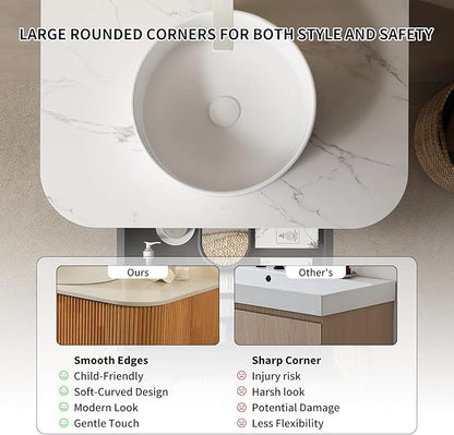 Yayzy 60" Floating Bathroom Vanity with Sink, Solid Wood Fluted Cabinet, White Round Ceramic Basin & Faux Marble Top, Soft-Close Drawer, Pre-Assembled, Natural Woodgrain