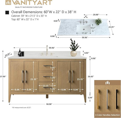 Vanity Art 60 inch Bathroom Vanity with Single Sink & Ceramic Top, Vanity Cabinet with Soft-Closing Doors, Drawers, Solid Wood Frame, Natural Oak, VA9060-SNO-GB1