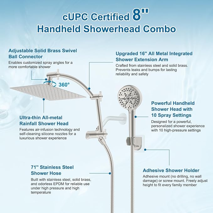 Hibbent All Metal 8" High Pressure Rain Shower Head Combo, Brushed Nickel | cUPC Certified Rainfall Shower Head with handheld 10 Sprays, 16'' Adjustable Extension Arm, 71'' Hose, Showerhead Holder