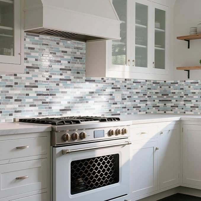 Art3d Linear Design Tile Peel and Stick Backsplash, 10-Sheet, Gray & Blue | 12 x 12 Inch, Enhanced Thickness, Warp Resistant, Strong Adhesion, Sturdy, for Kitchen, Bedroom, Ideal for Home Improvement