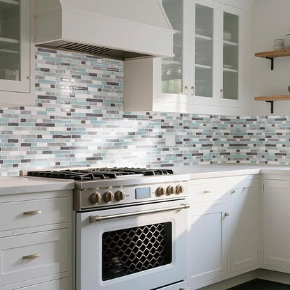 Art3d Linear Design Tile Peel and Stick Backsplash, 10-Sheet, Gray & Blue | 12 x 12 Inch, Enhanced Thickness, Warp Resistant, Strong Adhesion, Sturdy, for Kitchen, Bedroom, Ideal for Home Improvement