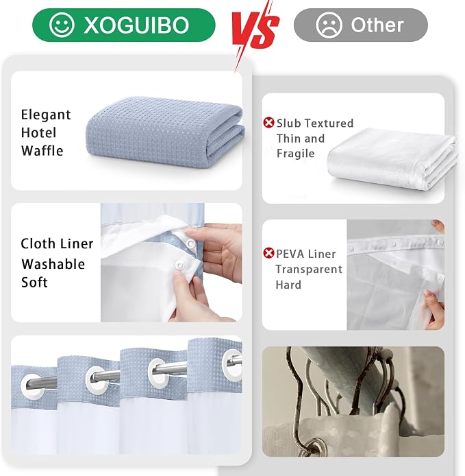 No Hook Shower Curtain and Liner Set,Mist Blue Hotel Waffle Shower Curtain with Liner 75" L x 72" W