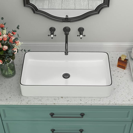Rectangular Bathroom Vessel Sink - Beslend 24”x14” White Ceramic with Black Rim Porcelain Vessel Sink Above Counter Sink Modern Art Basin