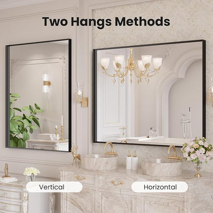 LOAAO Black Bathroom Mirror 40"X32" for Wall, Rectangle Bathroom Vanity Mirror, Tempered Glass, Hangs Vertically or Horizontally, Easy to Install, Modern Design