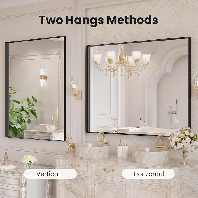 LOAAO Black Bathroom Mirror 40"X32" | Tempered Glass, Hangs Vertically or Horizontally, Easy to Install, Wall Mounted, Modern Design
