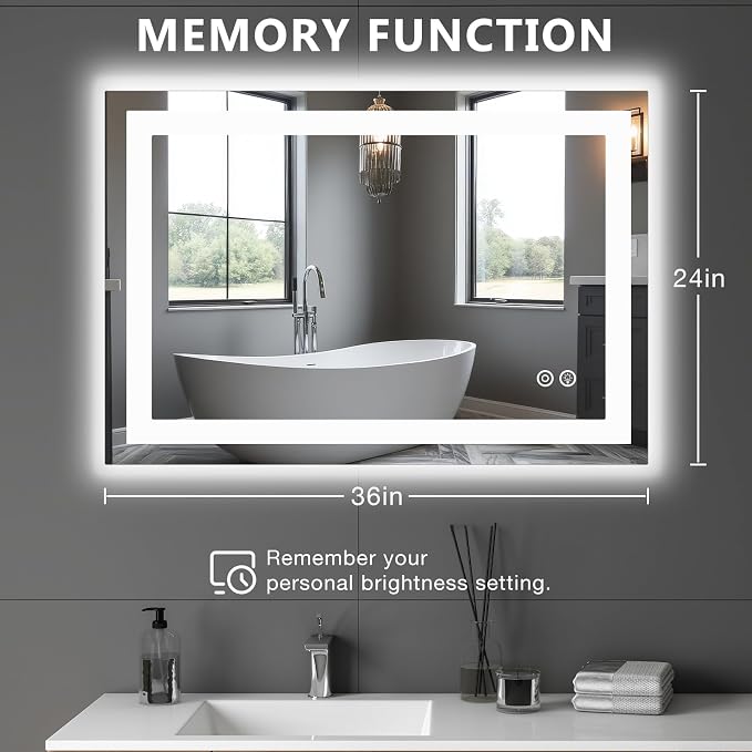 DUMOS 24.1"x36.1" LED Bathroom Mirror, Bathroom Vanity Mirror | Smart Anti-Fog, Front Light and Backlit, 3 Color Temperatures, Dimmable, Memory Function