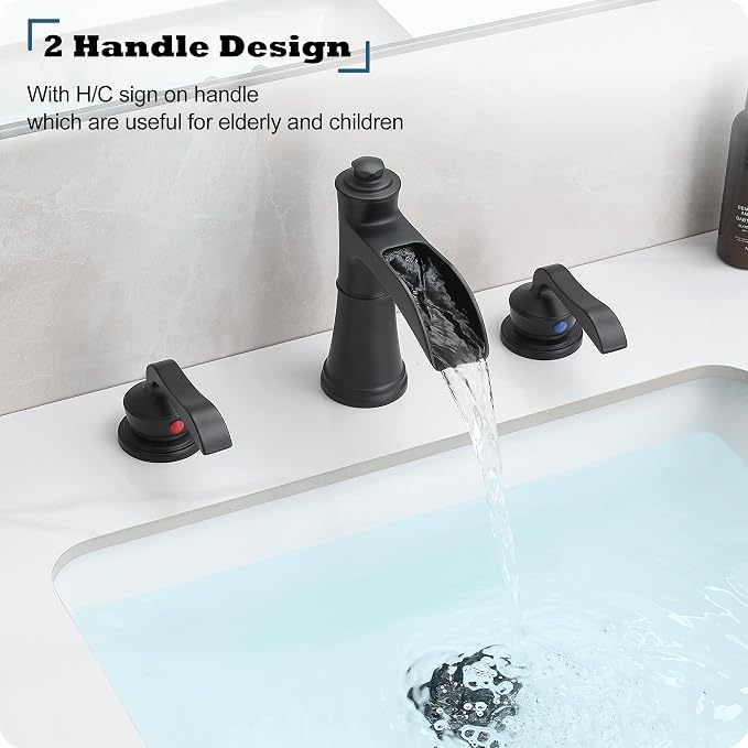Brass Waterfall Bathroom Faucet, 4-16 Inch Black Bathroom Sink Faucet 3 Hole Bathroom Widespread Faucet, 2 Handles Bathroom Faucets Vanity Faucet with Pop Up Drain, Supply Water Hose