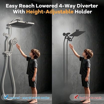 Hibbent 13'' 5 Spray Showerhead, 10 Mode Filtered Handheld, Brushed Nickel | High Pressure Rain Showerhead, 4-way Diverter, Upgraded Heightened All Metal Extension Arm, 71'' Hose & Holder, Easy Reach