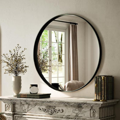 VooBang 24 inch Round Bathroom Mirror, Balck Modern Circle Wall Mounted Mirror with Gorgeous Circular Deep Frame for Bathroom, Living Room, Bedroom, Hanging or Leaning