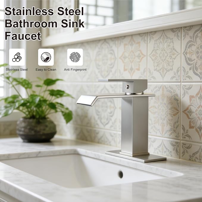 Midanya Waterfall Bathroom Sink Faucet 1 Hole,Brushed Nickel | with cUPC Hoses,Pop Up Drain,Deck Plate,for 1 or 3 hole sink,Vanity,RV,Lavatory,Basin,Farmhouse,Stainless Steel,Single Handle