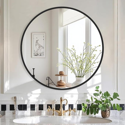 22 Inch Black Round Circle Mirror for Bathroom Wall, Metal Frame | HD tempered glass for clear, distortion-free reflection. Mounting hardware included for vertical or horizontal wall mount.