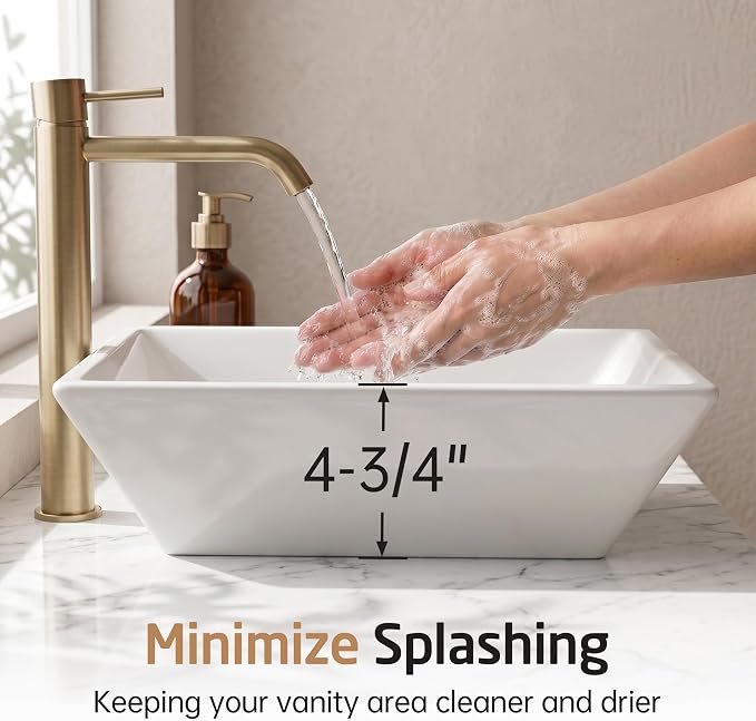 KES 17" Square Vessel Sink for Bathroom Vanity Countertop, Glossy White Ceramic Porcelain Bathroom Sink Bowl Above Counter, Modern Look, BVS141