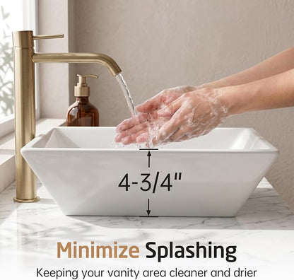 KES 17" Square Vessel Sink for Bathroom Vanity Countertop, Glossy White Ceramic Porcelain Bathroom Sink Bowl Above Counter, Modern Look, BVS141