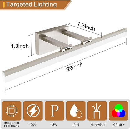 SOLFART Bathroom Lights Over Mirror: 32 Inch Bathroom Vanity Light- Brushed Nickel 6000K LED Hardwired Install Adjustable 180 Degree Bar IP44 Damp Rated ETL Certified