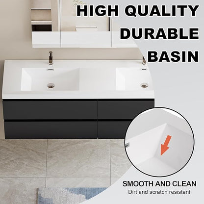 Wall Mounted 72 Inch Bathroom Vanity with Sink, Floating Vanity Bathroom, Double Sink Bathroom Vanity, 4 Drawers, Resin Integrated Sink (Glossy Black)