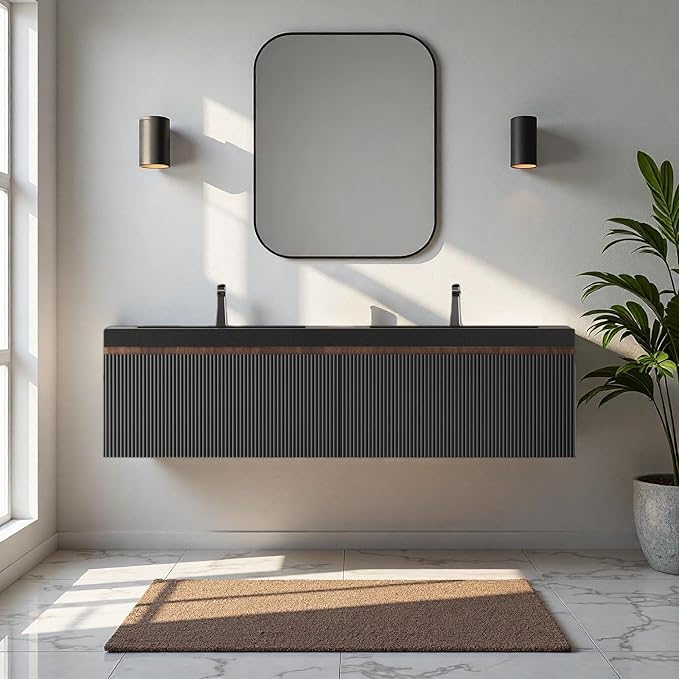 60'' Floating Bathroom Vanity with Sink, Wall-Mounted Bathroom Storage Cabinet with 2 Soft-Close Striped Drawers & Double Quartz Sand Basins, Smoked Walnut Body with Internal Handle, Black