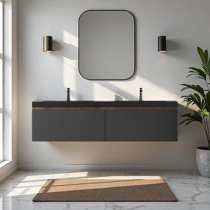 60'' Floating Bathroom Vanity with Sink, Wall-Mounted Bathroom Storage Cabinet with 2 Soft-Close Striped Drawers & Double Quartz Sand Basins, Smoked Walnut Body with Internal Handle, Black