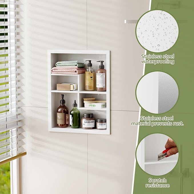 14x18 Medicine Cabinet Recessed Stainless Steel, with 4 Compartments Medicine Cabinet Organizer, Stainless Steel Wall Niche, Bathroom Wall Cabinet, Recessed Bathroom Cabinet, White