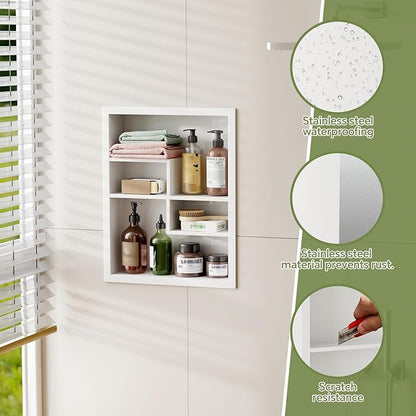 14x18 Medicine Cabinet Recessed Stainless Steel, with 4 Compartments Medicine Cabinet Organizer, Stainless Steel Wall Niche, Bathroom Wall Cabinet, Recessed Bathroom Cabinet, White