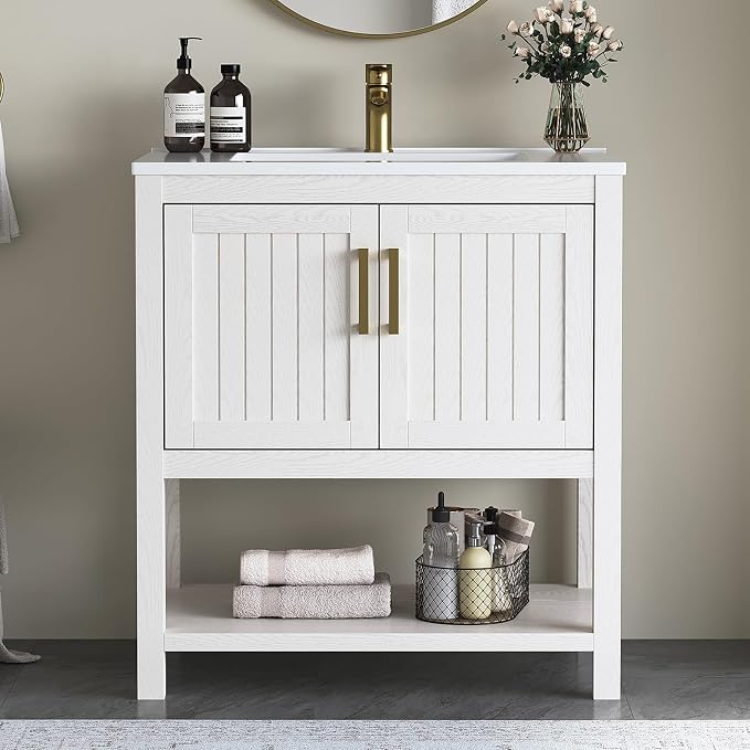 30 Inch Modern Bathroom Vanity with Sink, White | Freestanding Vanity Cabinet with Soft-Close Door, Open Storage Shelf, Gold Handles & Adjustable Feet