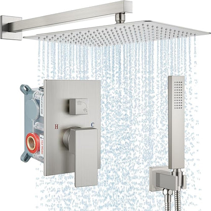 Midanya Shower Faucet Set,Wall Mount Shower System with Square Rain Shower Head and Hand Sprayer, Rough-in Valve Body and Trim Kit Included,16 Inch,Brushed Nichel
