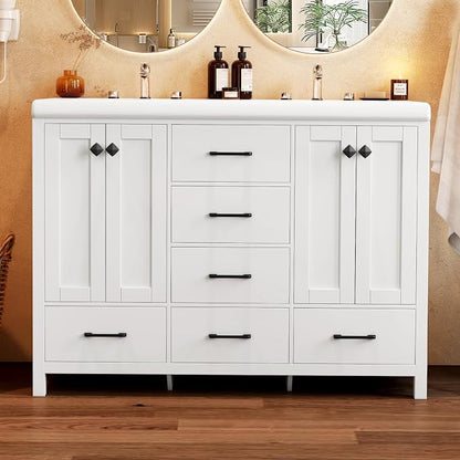 48" White Bathroom Vanity with Double Sink, 47.3" × 19.7" × 35.5" Bathroom Vanity Cabinet with 2 Doors & 6 Drawers, Modern Vanity Set with Ceramic Sinks