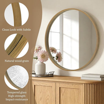 Round Wood Mirror, 36" Round Modern Decoration Large Circle Wall Mirror for Bathroom Living Room Bedroom Entryway, Natural