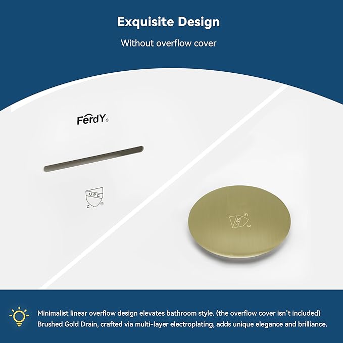 FerdY Tahiti 67" Freestanding Bathtub Elegant Oval Shape, Glossy White Double Walled Insulation bathtub with Center Brushed Gold Drain & Minimalist Linear Design Overflow, cUPC Certified