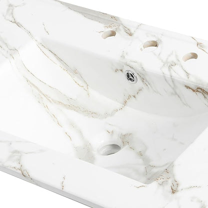 JONATHAN Y SNK1003C Ancillary 3-Hole 36 in. W x 18.25 in. D Classic Contemporary Rectangular Ceramic Single Sink Basin Vanity Top, White Marble Effect
