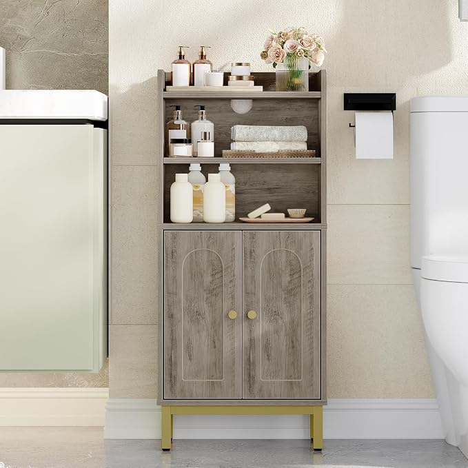 Hzuaneri Bathroom Storage Cabinet, Small Floor Cabinet with 2 Door | Toilet Paper Cabinets, Bathroom Organizer with Adjustable Shelf, for Small Spaces, Greige, Arch Door,7.1" Dx14.6 Wx32.7 H