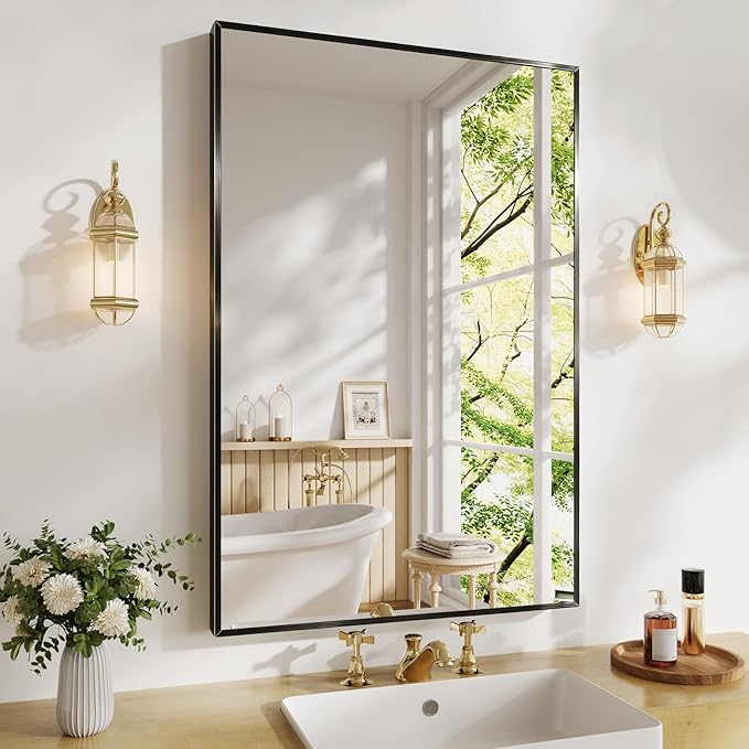 Koonmi Bathroom Mirror for Wall, 24"x36" Black Bathroom Mirror for Over Sink, Shatterproof Tempered Glass Vanity Mirror with Anti-Rust Aluminum Alloy Frame, Hang Horizontally or Vertically