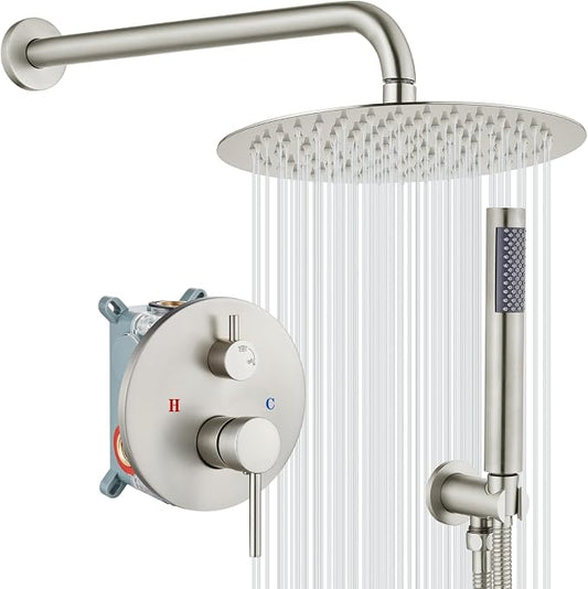 gotonovo Shower Faucet Set with Rough-in Valve Trim Kit,Brushed Nickel | 10 Inch Round Rain Showerhead with Handheld Spray,Bathroom Wall Mount Shower System Complete Combo,2-in-1 Diverter,All Metal