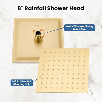 Airuida Shower Faucet Set,8 Inch Shower Valve Kit,Brushed Gold | Male Threads,Rough-in Valve Shower Trim Kit,Single Handle Control Shower Set