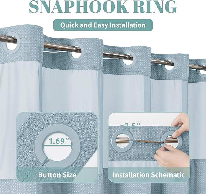 eachope No Hook Waffle Shower Curtain with Snap-in Liner, 71x74 Inch, Teal | 230 GSM waffle weave fabric, waterproof liner set with 2 bottom magnets, mesh top window, washable, for bathroom or hotel use