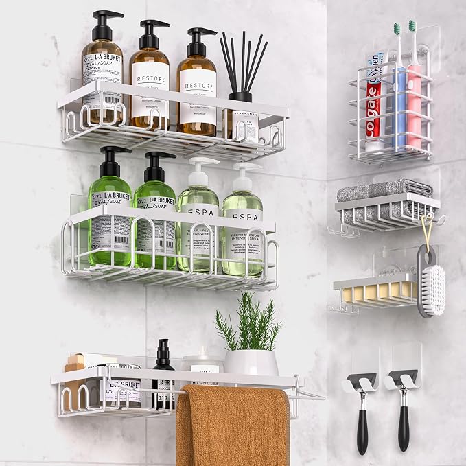 DTUQYX Shower Caddy 9 Pack,Adhesive Organizer for Bathroom Decor Accessories & Kitchen Storage,No Drilling,Large Capacity,Rustproof Stainless Steel Organizer,Home Decor Shelves
