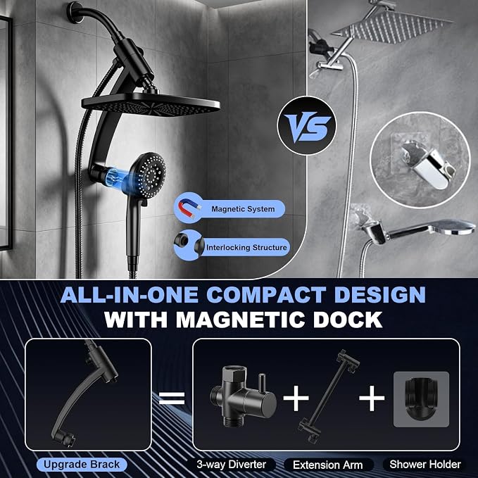 12 Inch High Pressure Rainfall Shower Head Combo,9 Settings Handheld Shower | Height/Angle Adjustable, 3 Spray Modes, Anti-leak, Built-in Magnetic Docking,Washing Jets,Holder, 59" Shower Hose, 1.75GPM