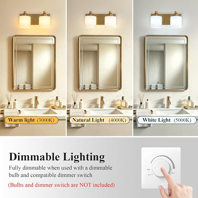 Mecgirn Stainless Steel Milk Glass Vanity Lights for Bathroom, 2 Light Brass Bathroom Light Fixtures Over Mirror, Ceramic E26 Sockets Wall Mounted