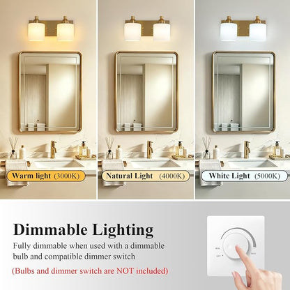 Mecgirn Stainless Steel Milk Glass Vanity Lights for Bathroom, 2 Light Brass Bathroom Light Fixtures Over Mirror, Ceramic E26 Sockets Wall Mounted