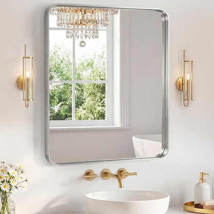 Sweetcrispy Bathroom Mirror 32x28 Inch, Vanity Mirror for Wall | Metal Framed Rounded Rectangle, Over Sink, Farmhouse, Restroom, Anti-Rust, Horizontal or Vertical Hanging, Silver