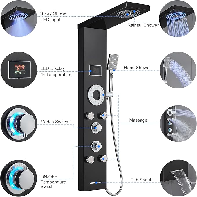 LED Shower Panel Tower System, 304 Stainless Steel Bathroom Shower Tower with 3 Body Massage Jets, Shower Column Wall Mounted