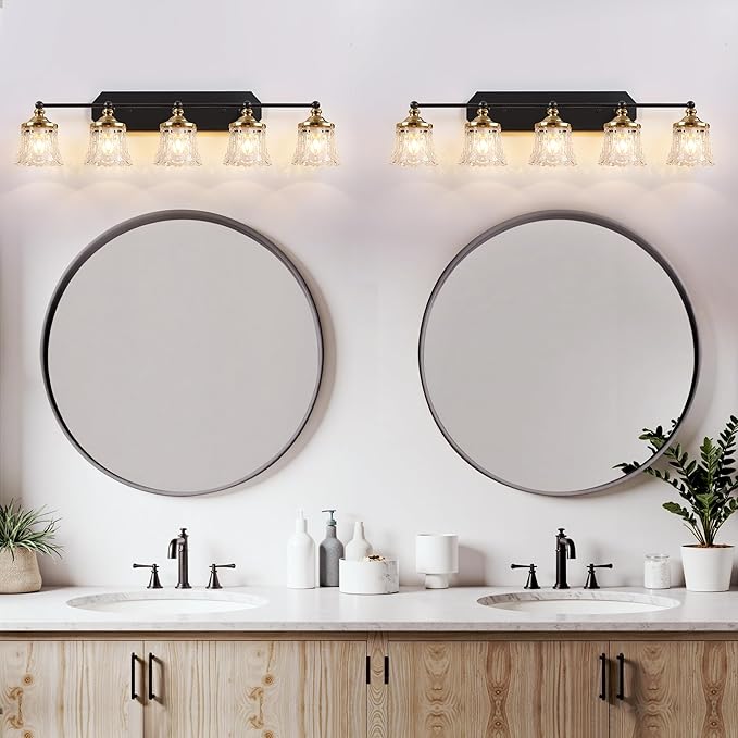 Vintage Bathroom Vanity Light Fixtures, Black and Gold 5-Light Vanity Light, Antique Bathroom Lighting Fixtures Over Mirror with Crystal Glass Shade, Vanity Lights for Bedroom Living Room Hallway