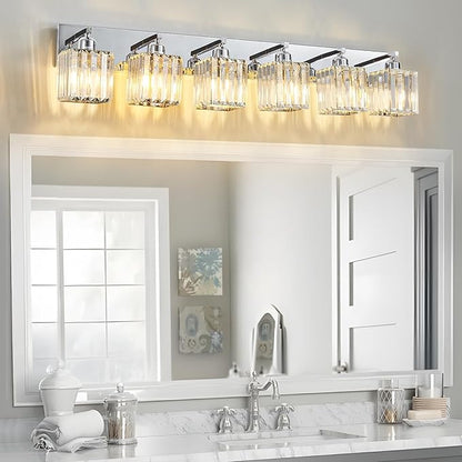 Modern Bathroom Vanity Light 6-Lights Modern Chrome Crystal Bathroom Wall Light Large Vanity Light Fixtures Over Mirror