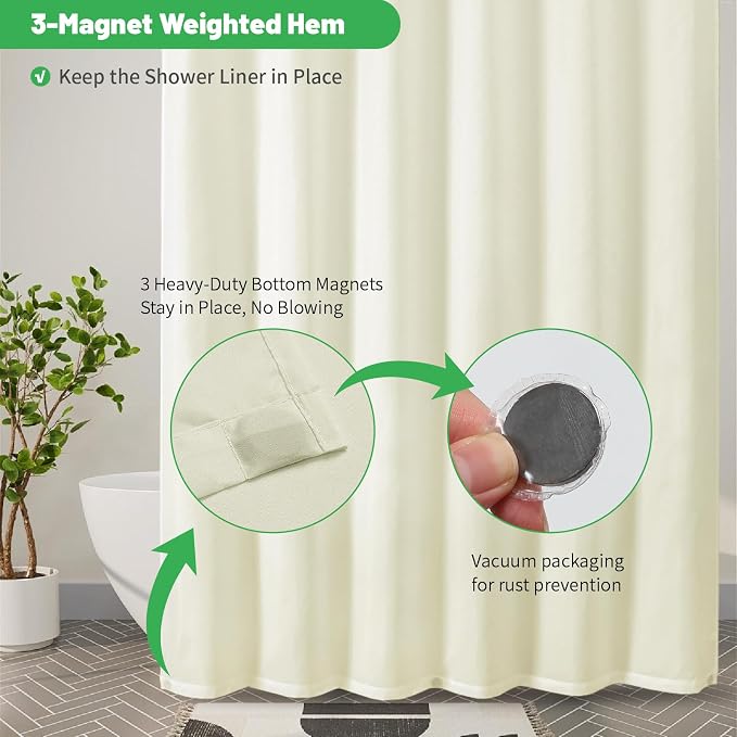 eachope Waterproof Fabric Shower Curtain Liner,72x72 Inch Cream,1 Pack | 3 Heavy-Duty Magnets,Machine Washable,Durable Rustproof Grommets,Hotel Quality,Easy Care,Secure Fit for Bathroom