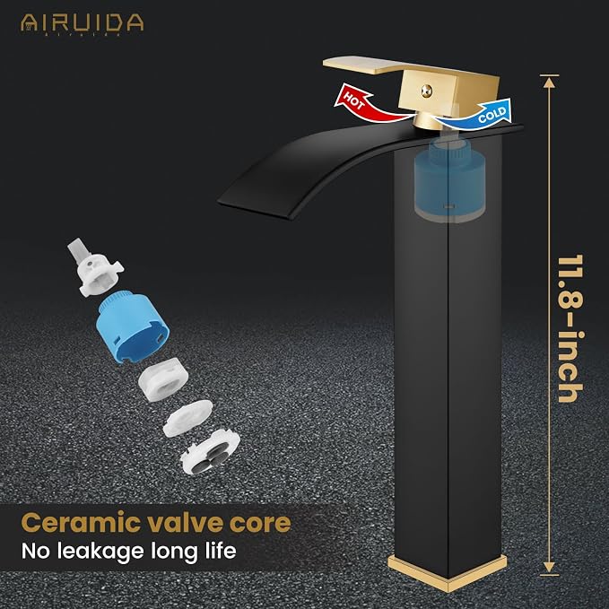 Airuida Vessel Sink Faucet, Black&Gold Tall Waterfall Bathroom Faucet | Single Handle,Tall Bathroom Faucet 1 Hole,Vanity Faucet,without Drain,Bowl Bathroom Faucet
